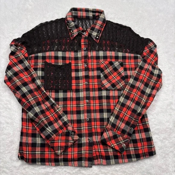 Miss Me Flannel Western Button Women S Plaid Studded Crochet Lace Cowgirl Rodeo - Picture 13 of 14